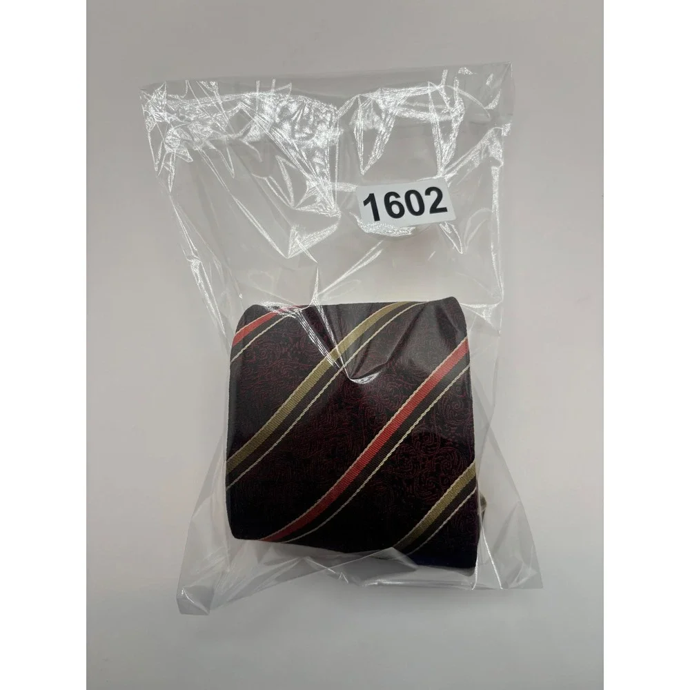Luciano Ferretti Mens Silk Tie Burgundy Paisley Striped Red Gold Jacquard 1602